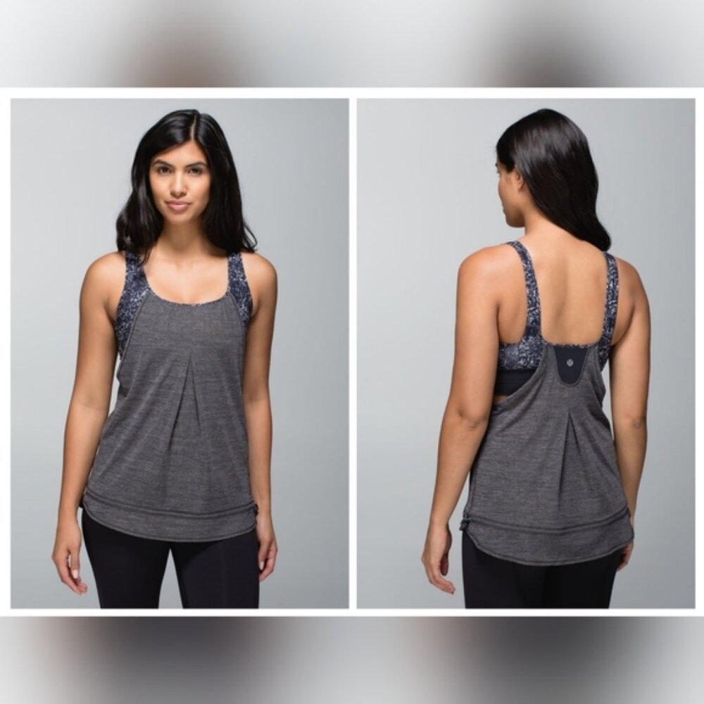 Lululemon Run Times Heather Grey Two in One Sports Bra Drawcord Tank Top Size 6